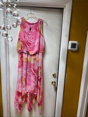 Ashley Stewart Pink Yellow Floral High-Low Maxi Dress